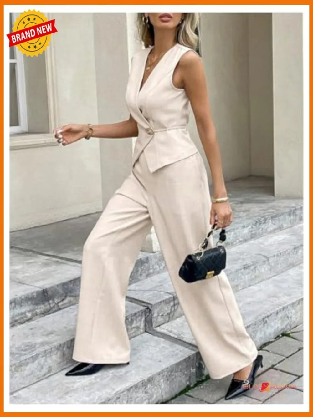 Sleeveless Wrap Blouse Wide Leg Pants Set Business Casual Outfit